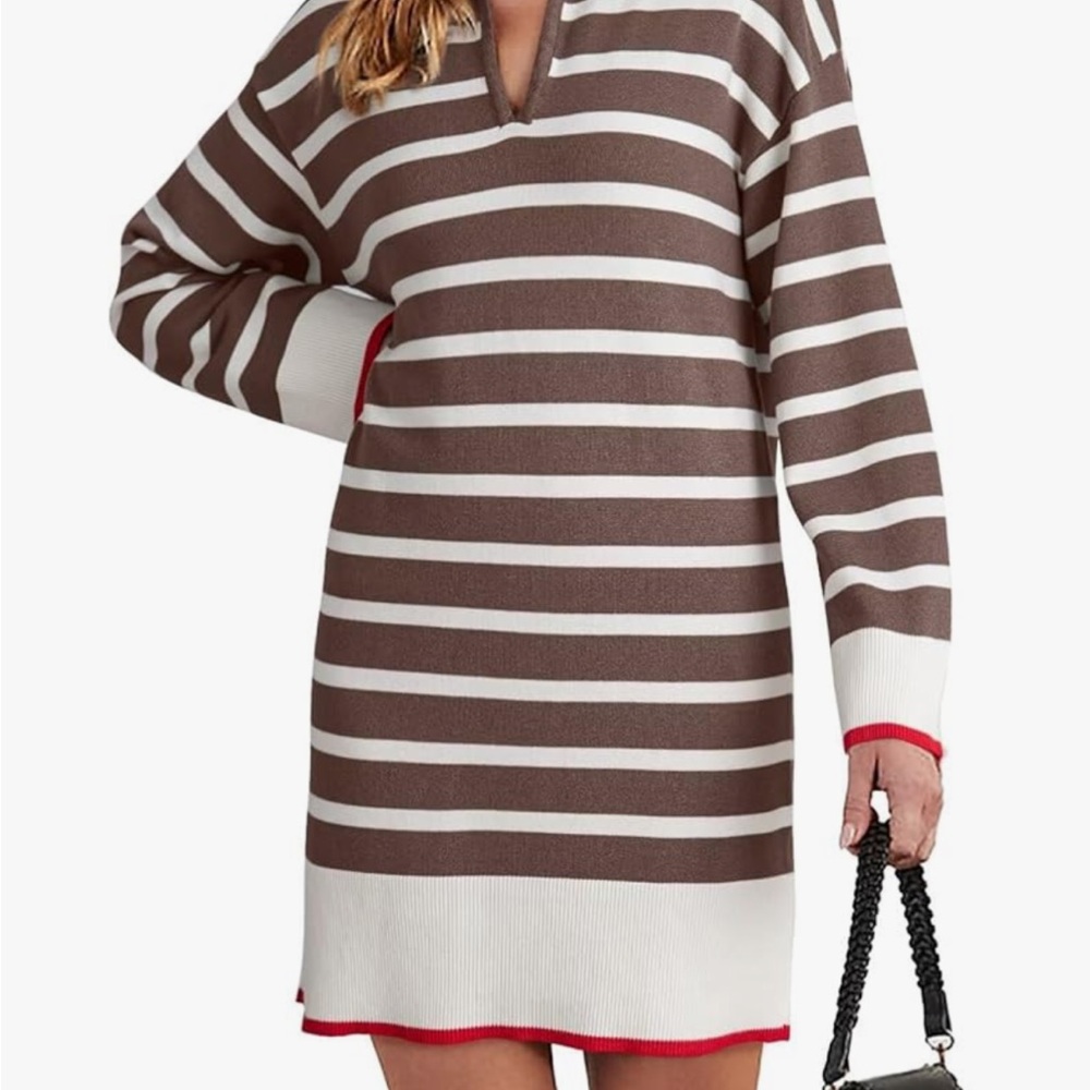 Striped Long Sleeve Dress - Gray and White